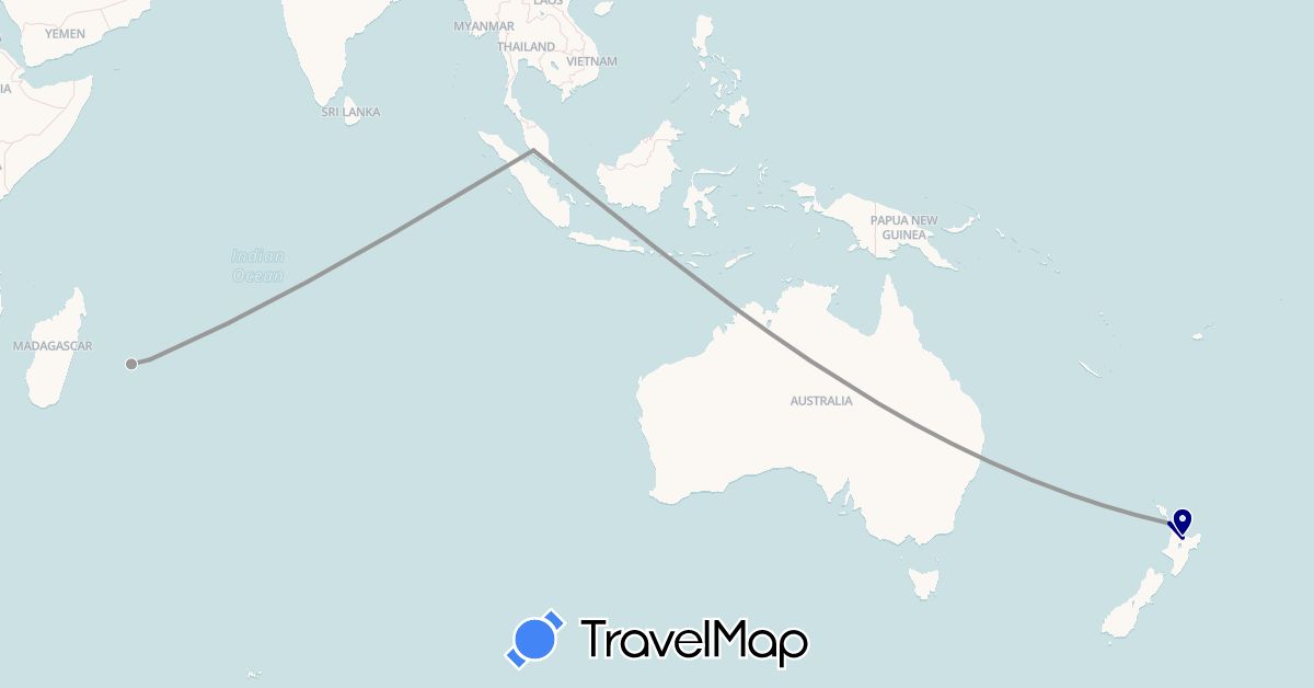 TravelMap itinerary: driving, plane in Mauritius, Malaysia, New Zealand, Réunion (Africa, Asia, Oceania)